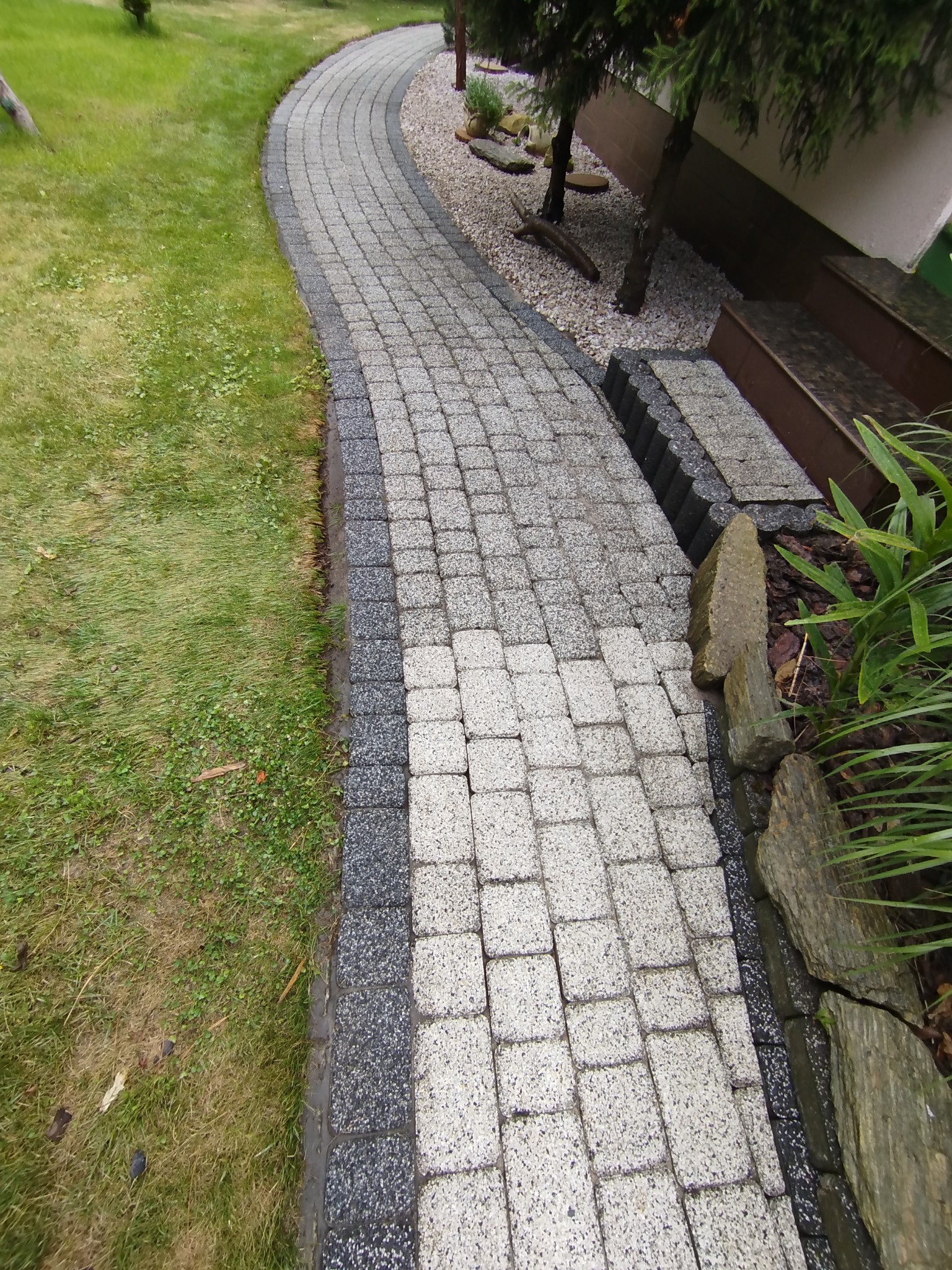 Zakrzywiony chodnik z jasnoszarej kostki brukowej, obrzeża z ciemnoszarej kostki, trawnik po lewej, rośliny i schody po prawej stronie.