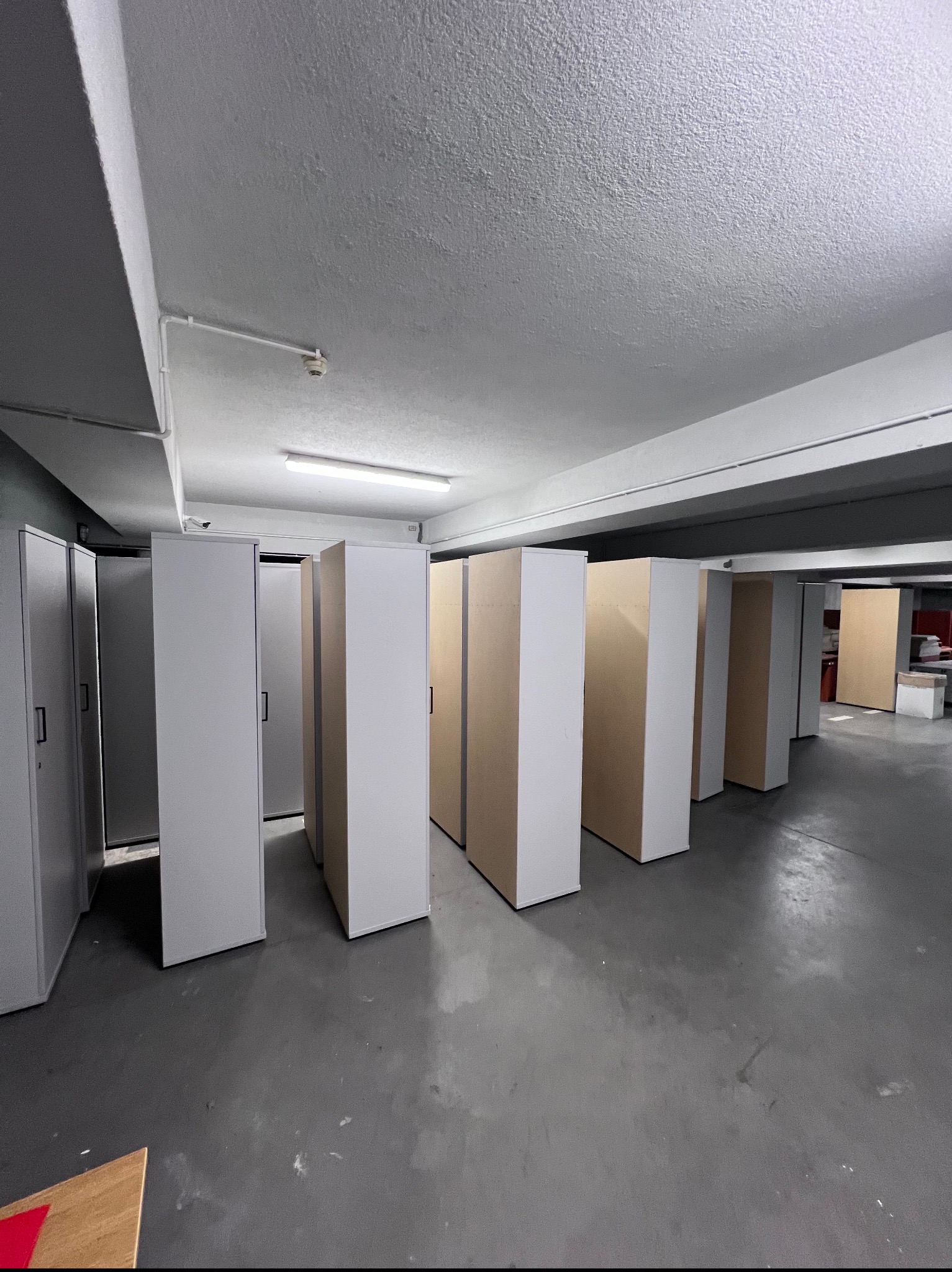 Rząd metalowych szaf w szarym pomieszczeniu z betonową podłogą i sufitem. Szafy częściowo otwarte, ukazujące wnętrze. Oświetlenie jarzeniowe na suficie.