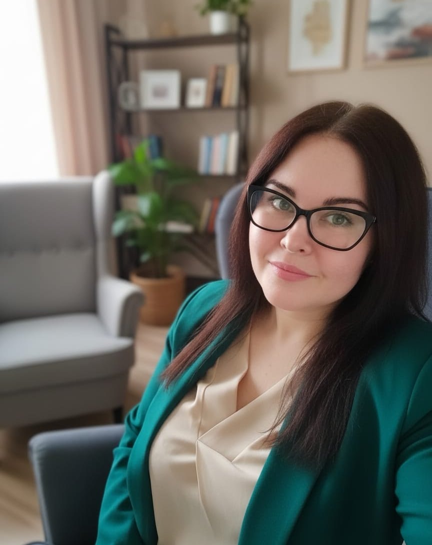 Portret kobiety w okularach i zielonej marynarce, siedzącej w fotelu na tle regału z książkami i roślinami. Spokojny wyraz twarzy, ciepłe oświetlenie.