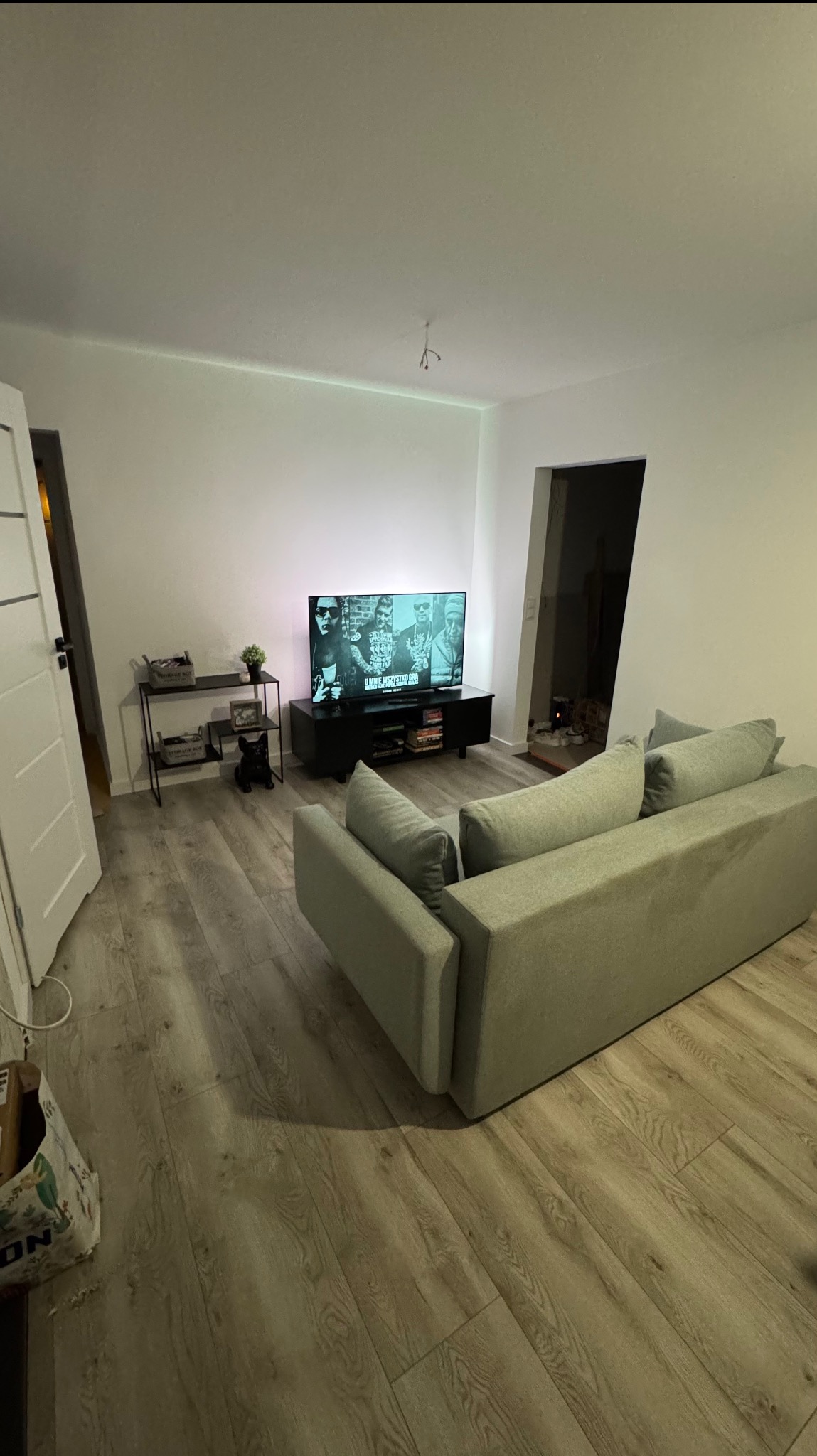 Jasne wnętrze salonu po remoncie: świeżo pomalowane białe ściany, panele podłogowe imitujące drewno, szara sofa i czarny stolik RTV z telewizorem.