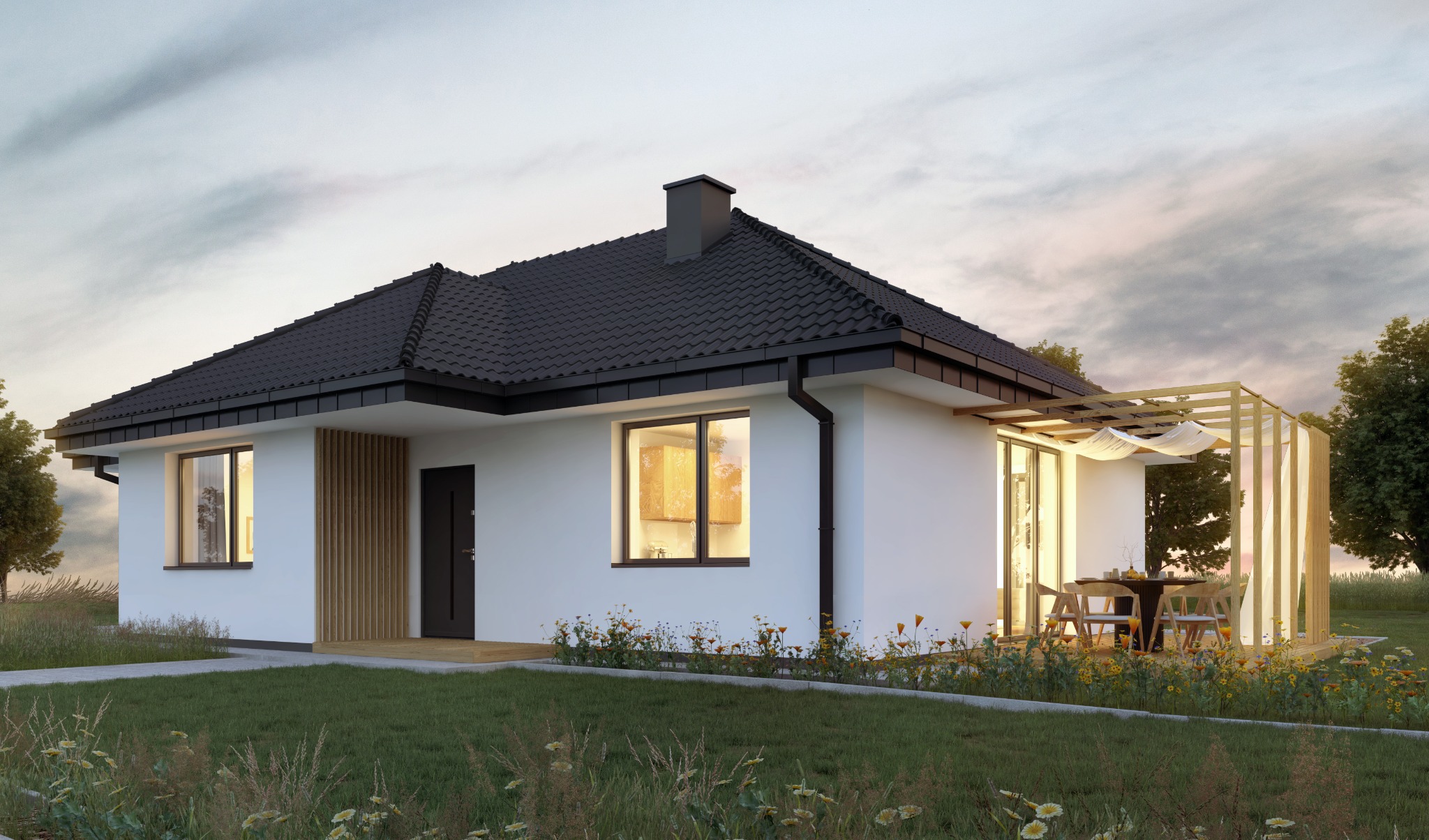 Biały dom z ciemnym dachem i pergolą. Widoczne okna, drzwi wejściowe i taras z meblami ogrodowymi. Ujęcie z poziomu trawnika, w tle zachmurzone niebo.