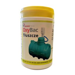 Biopolis sp j - Biopreparat OxyBac Tłuszcze w białym opakowaniu z żółtą pokrywką. Grafika przedstawia schemat instalacji kanalizacyjnej z zielonym zbiornikiem. Produkt do usuwania tłuszczu.
