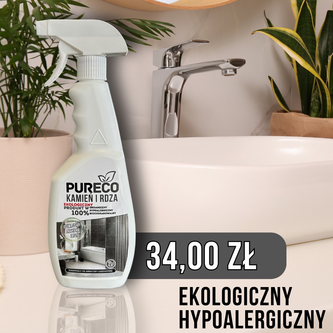 Ekologiczny środek czyszczący Pureco do armatury łazienkowej, usuwający kamień i rdzę, z ceną 34 zł, na tle umywalki i roślin doniczkowych.