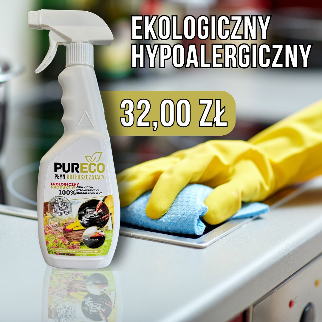 Ekologiczny płyn odtłuszczający Pureco w spryskiwaczu, cena 32 zł, czyszczenie płyty kuchennej rękawicą i ściereczką. Produkt 100% biodegradowalny.