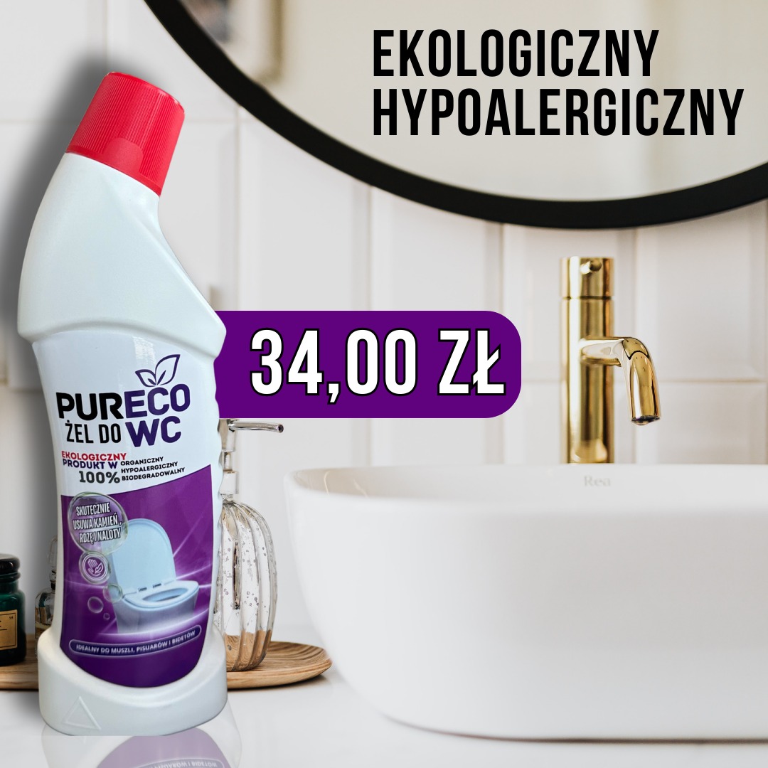 Ekologiczny żel do WC Pureco w łazience w Berzyna. Produkt w białej butelce z czerwoną nakrętką, obok umywalki i dozownika mydła. Cena promocyjna 34 zł.