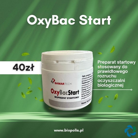 Biopreparat OxyBac Start w białym opakowaniu, dedykowany do oczyszczalni biologicznych z natlenianiem, na zielonym tle z liśćmi. Cena: 40 zł.