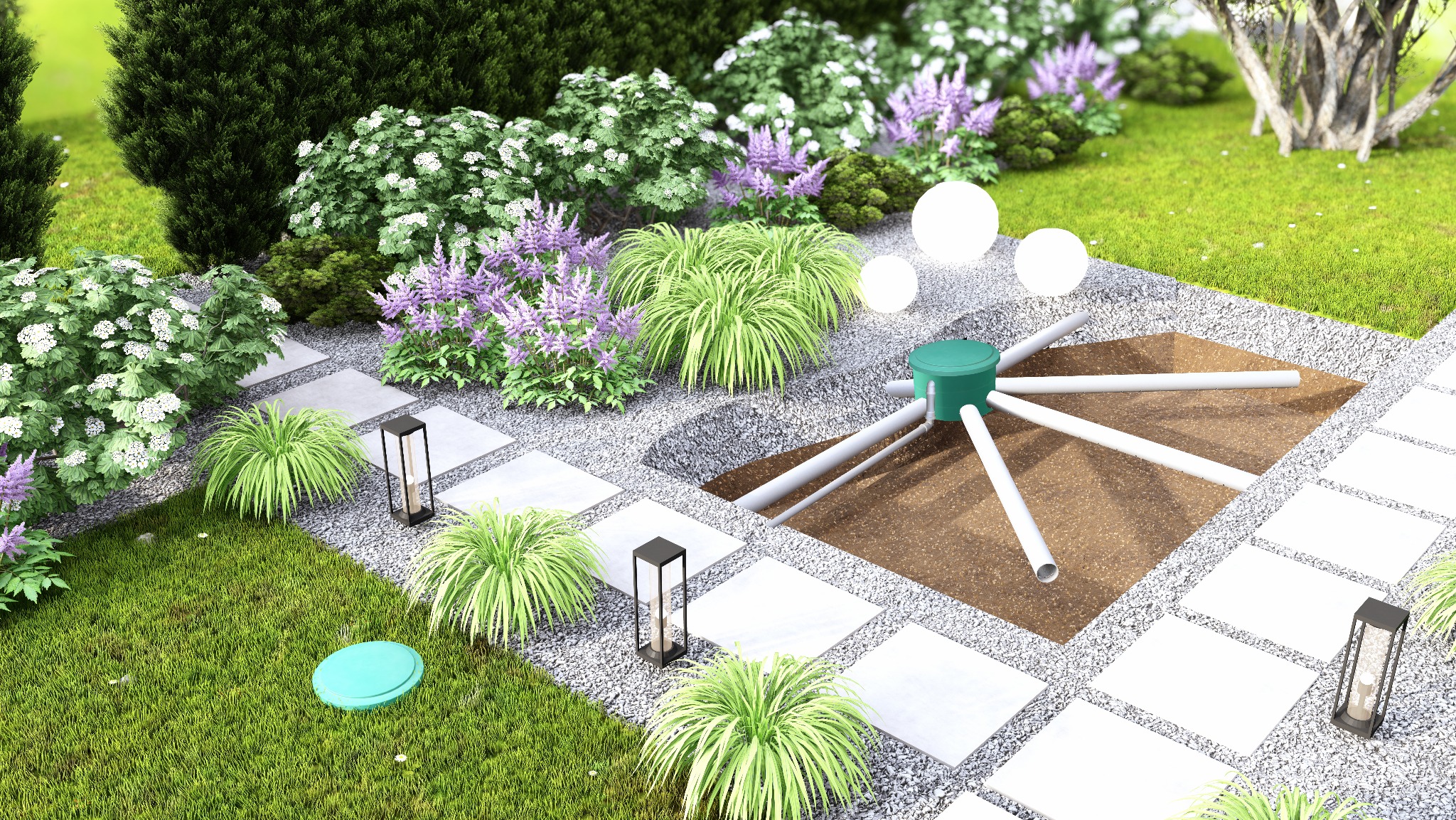 Wizualizacja 3D przydomowej oczyszczalni ścieków z zielonym zbiornikiem i systemem rur, wkomponowana w rabatę roślinną z kamienną ścieżką i oświetleniem.