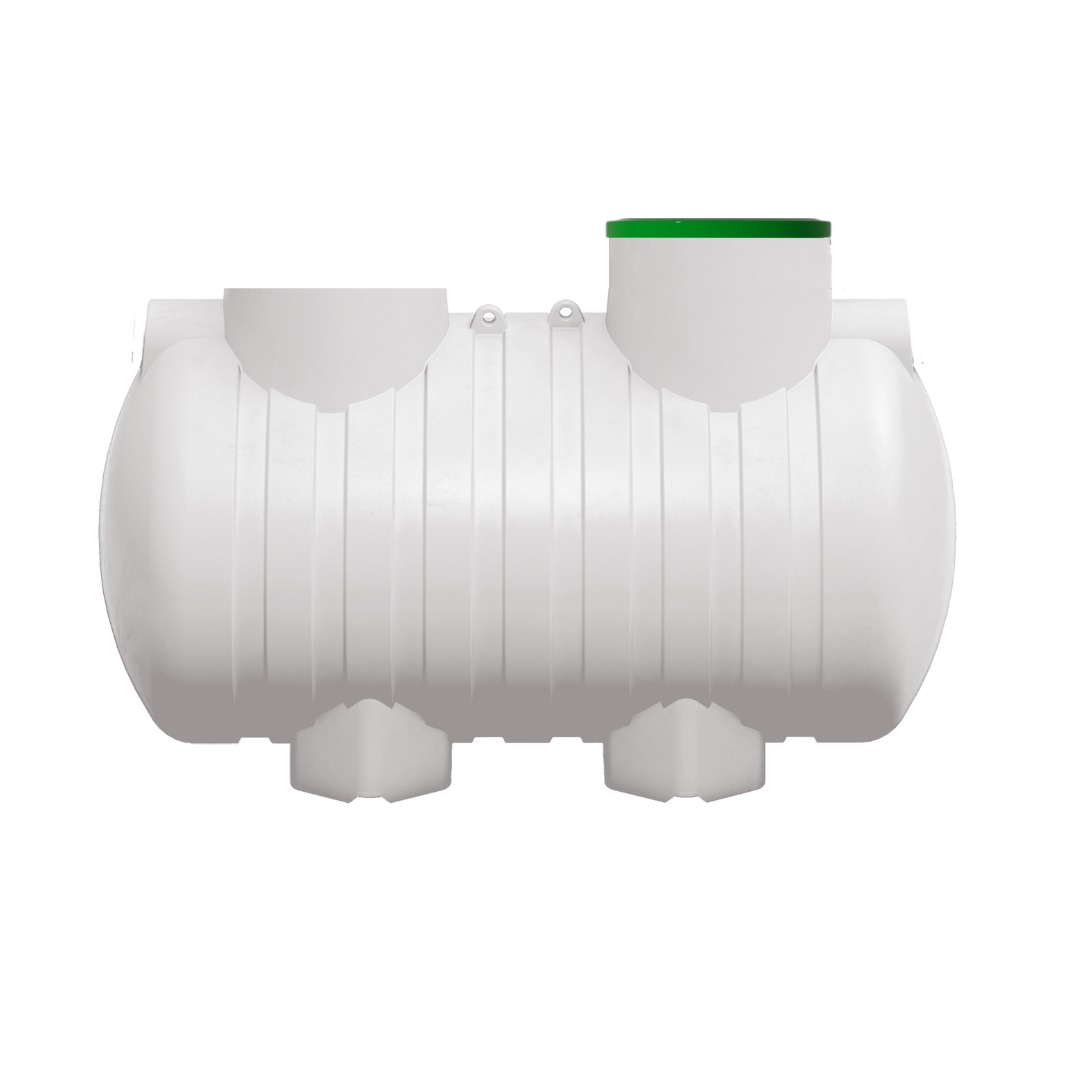 Biały, poziomy zbiornik z zieloną pokrywą, widok z przodu na białym tle. Zbiornik ma cylindryczny kształt z pionowymi wzmocnieniami i wystającymi elementami.