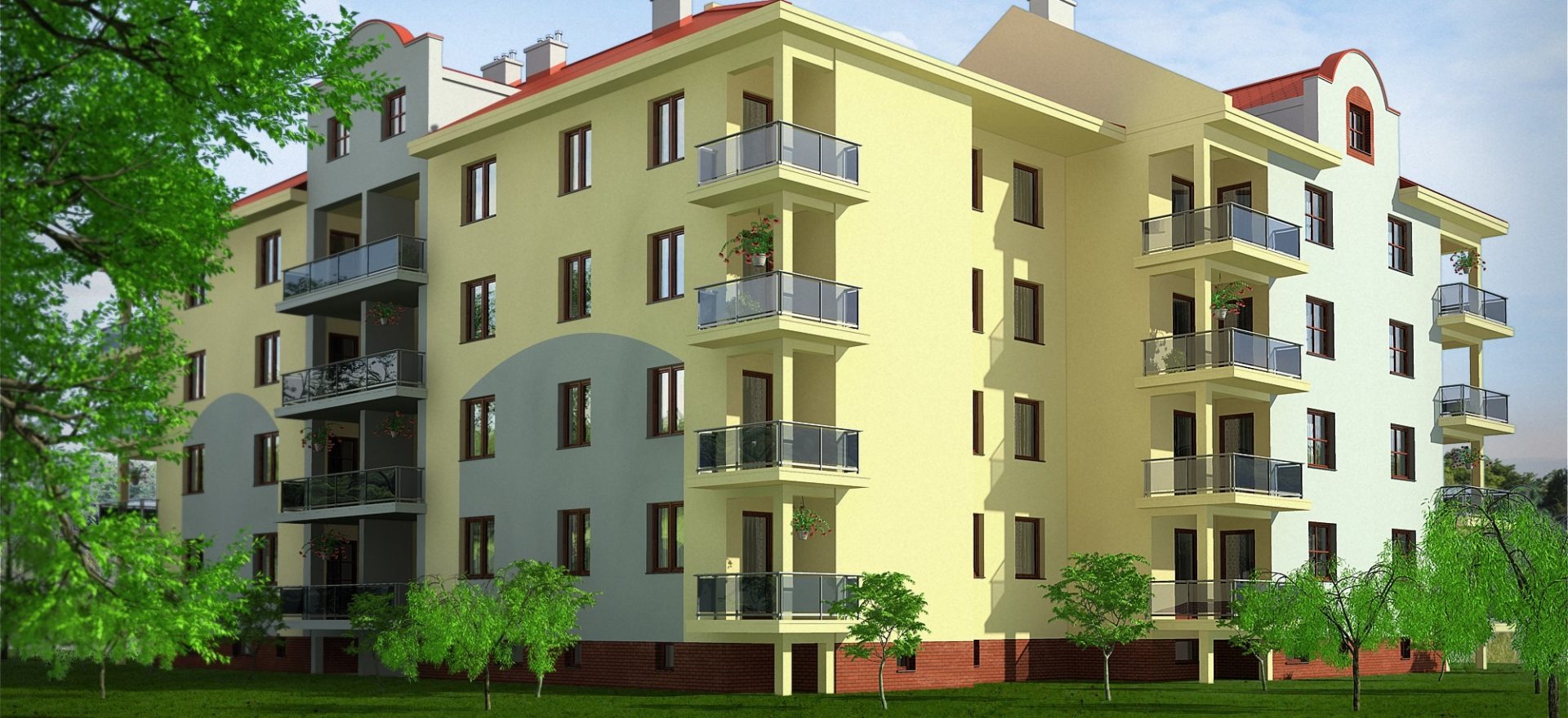 Wizualizacja budynku wielorodzinnego z balkonami i kwiatami, w pastelowych odcieniach żółci i szarości, otoczonego zielenią. Architektura z elementami klasycznymi.