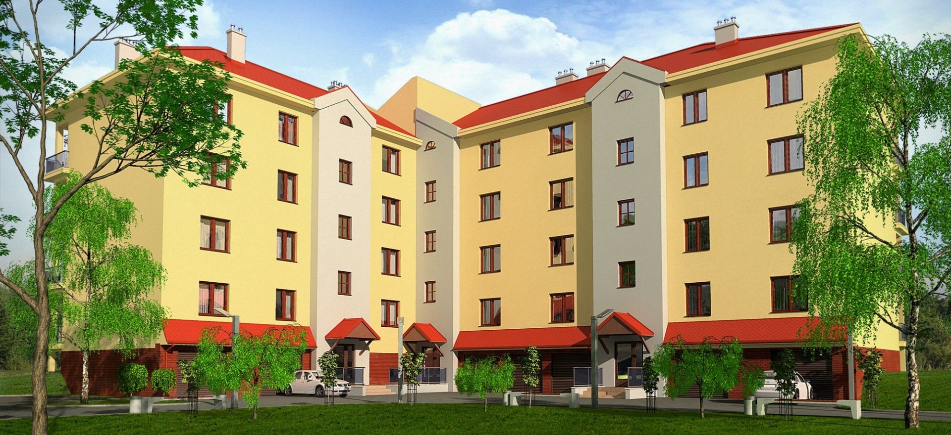 Wizualizacja budynku wielorodzinnego z żółtą elewacją, czerwonym dachem i brązowymi oknami, otoczonego zielenią. Widoczny fragment parkingu i samochód.