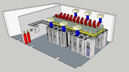 Schemat serwerowni z szafami rack, systemem chłodzenia i butlami gaśniczymi. Widok izometryczny, prezentacja infrastruktury IT w pomieszczeniu.