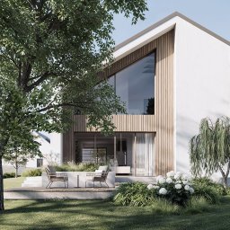MADE ARCHITEKTURA - Wizualizacja nowoczesnego domu z drewnianą elewacją i dużym oknem, otoczonego zielenią. Na pierwszym planie trawnik i meble ogrodowe.