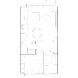 MADE ARCHITEKTURA - Rzut z góry mieszkania z zaznaczonym wyposażeniem: kuchnia, łazienka, sypialnia, salon z balkonem. Minimalistyczny, biały plan mieszkania z meblami.