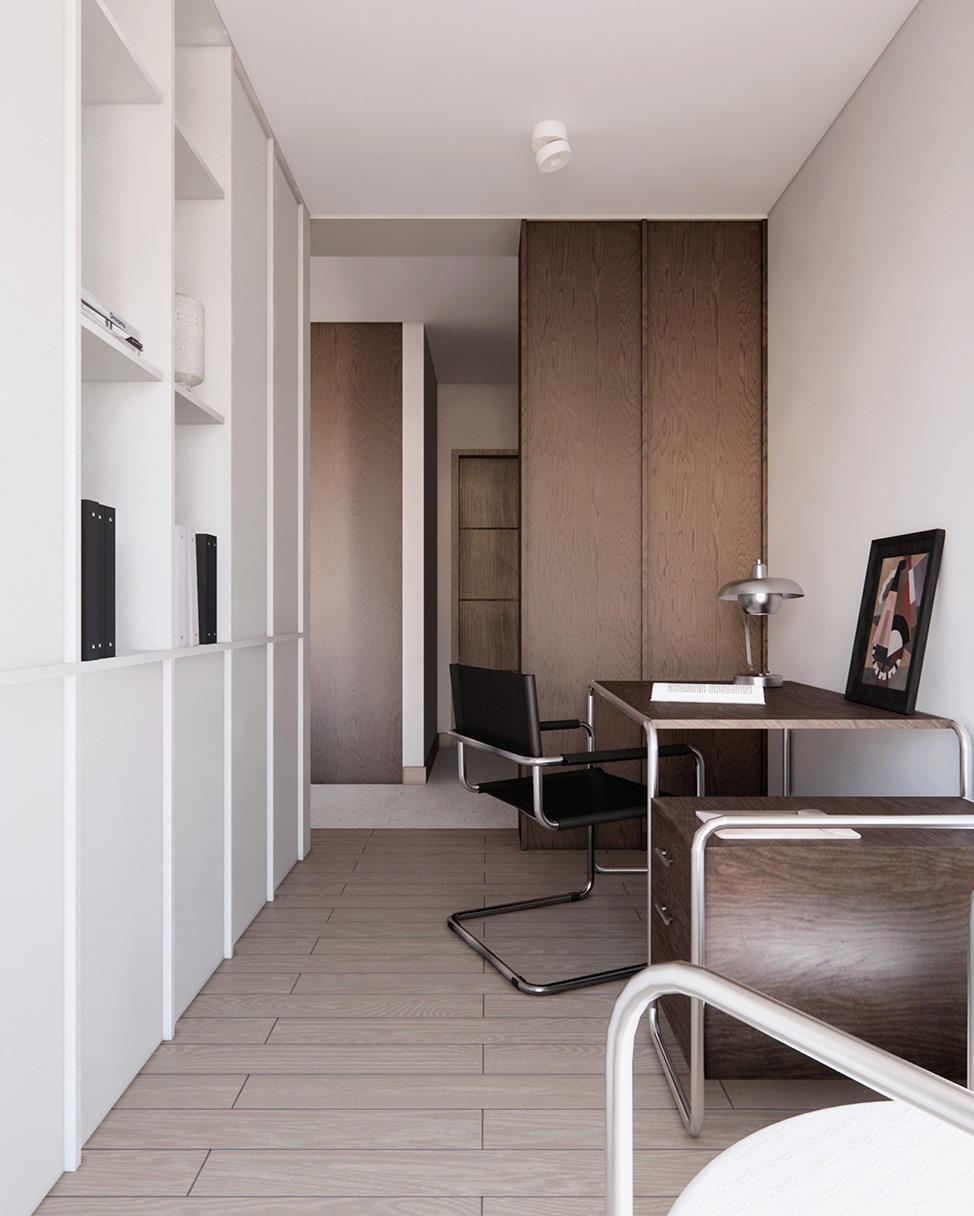 Nowoczesne biuro domowe z drewnianym biurkiem, czarnym krzesłem i białymi regałami. Minimalistyczny design, ciepłe oświetlenie, parkiet. Elementy dekoracyjne.