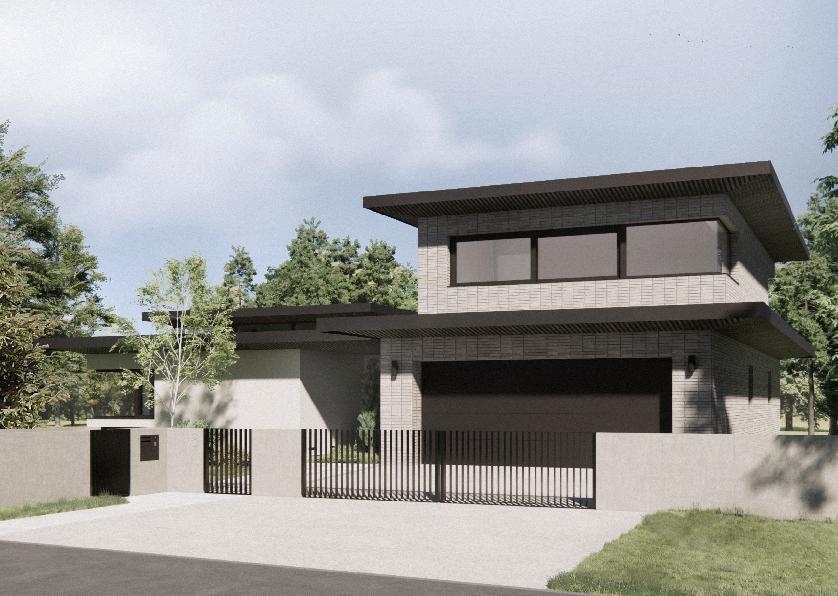 Wizualizacja nowoczesnego domu z płaskim dachem, elewacją z jasnej cegły i czarną bramą garażową. Minimalistyczne ogrodzenie i zieleń w tle. Ujęcie z poziomu ulicy.