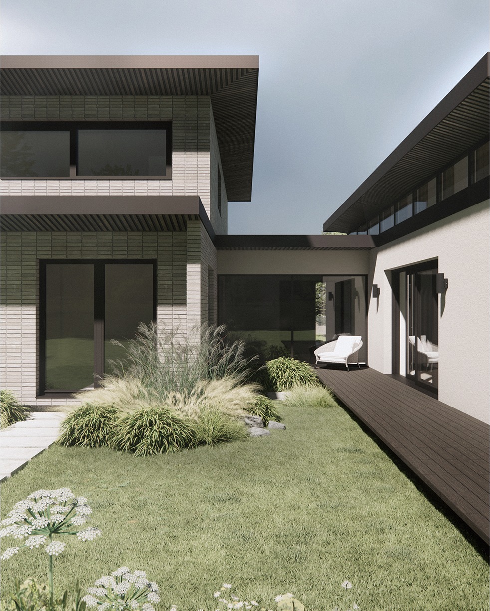 Wizualizacja nowoczesnego domu z płaskim dachem, jasną elewacją i dużymi oknami. Widoczny zadbany trawnik i roślinność ozdobna. Minimalistyczny design z elementami drewna.