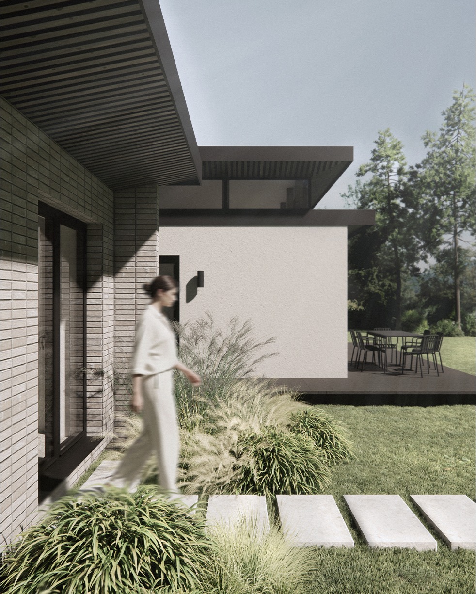 Wizualizacja domu z ogrodem: kobieta przechadza się po ścieżce z płyt, obok bujna roślinność, w tle taras z meblami ogrodowymi. Nowoczesna architektura.
