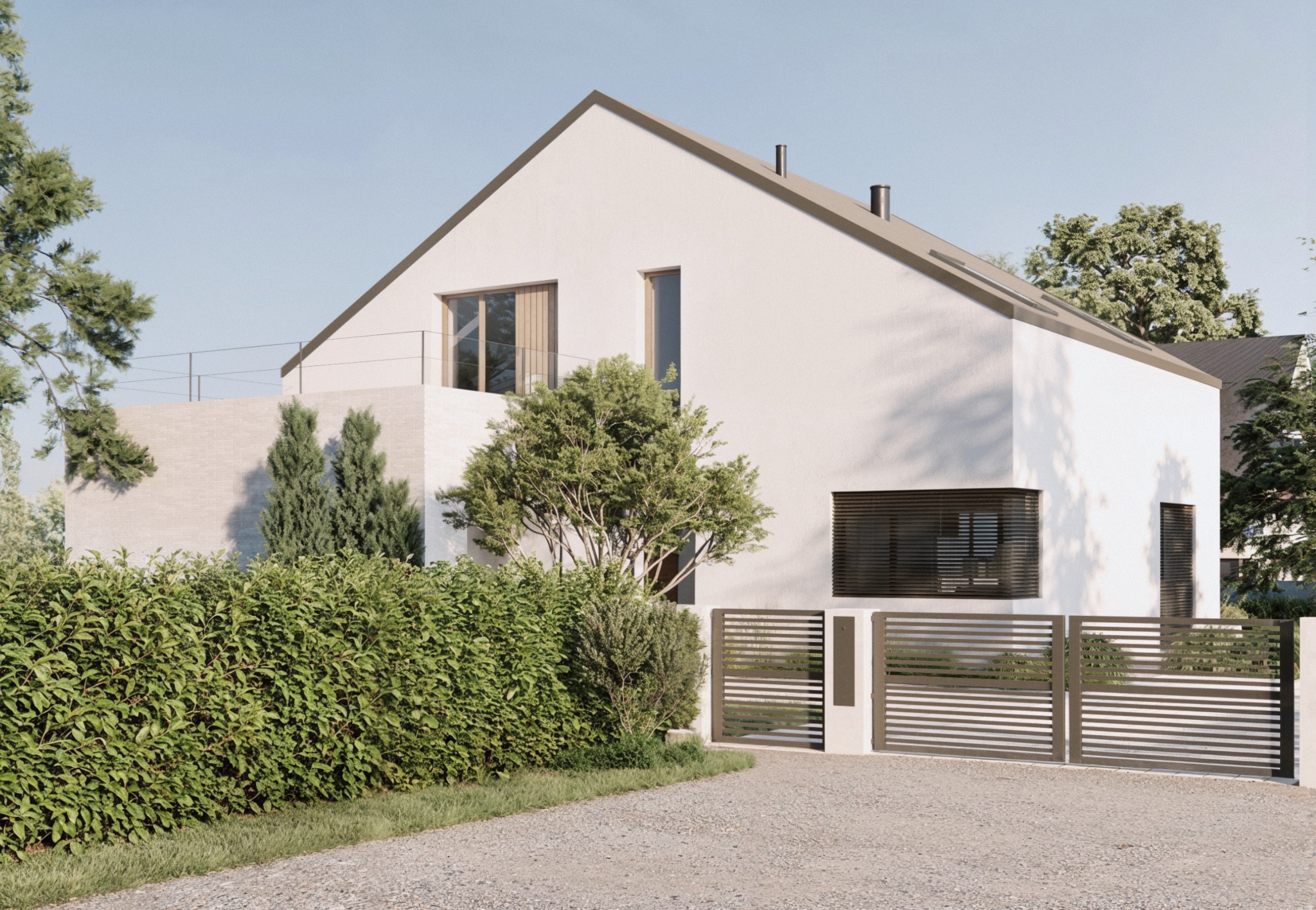 Nowoczesny dom jednorodzinny z białymi ścianami, płaskim dachem i minimalistyczną bramą wjazdową. Widok z poziomu gruntu, zieleń w tle.