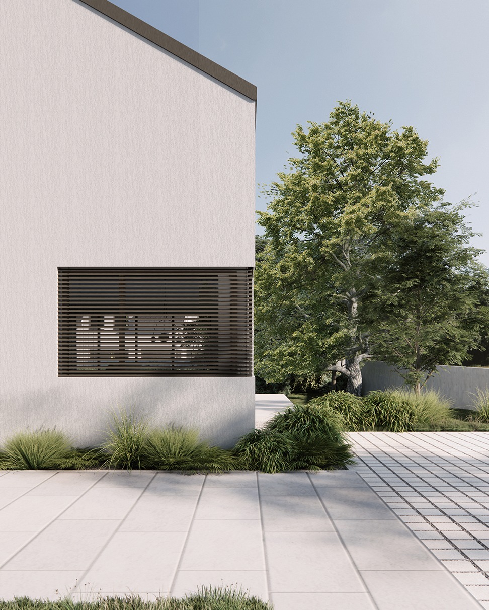 Minimalistyczny dom z płaskim dachem i poziomymi żaluzjami okiennymi, otoczony zielenią. Nowoczesna architektura z elementami naturalnego krajobrazu.