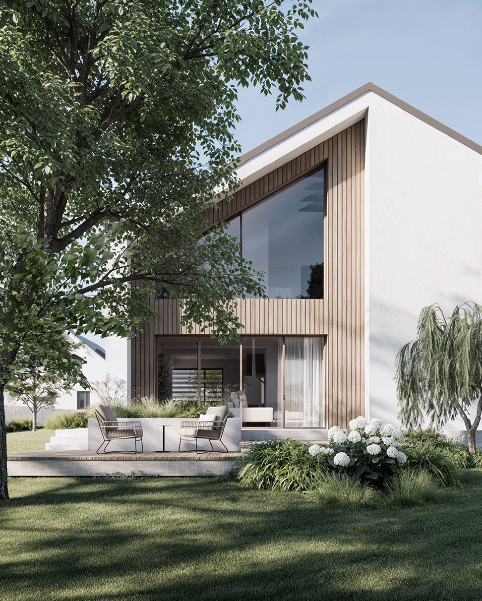 Wizualizacja nowoczesnego domu z drewnianą elewacją i dużym oknem, otoczonego zielenią. Na pierwszym planie trawnik i meble ogrodowe.