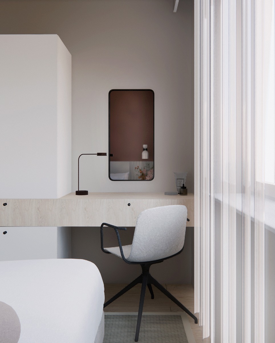 Minimalistyczna aranżacja sypialni: biurko z lustrem, krzesło obrotowe, zasłony w pionowe pasy, fragment łóżka. Stonowana kolorystyka, nowoczesny design.