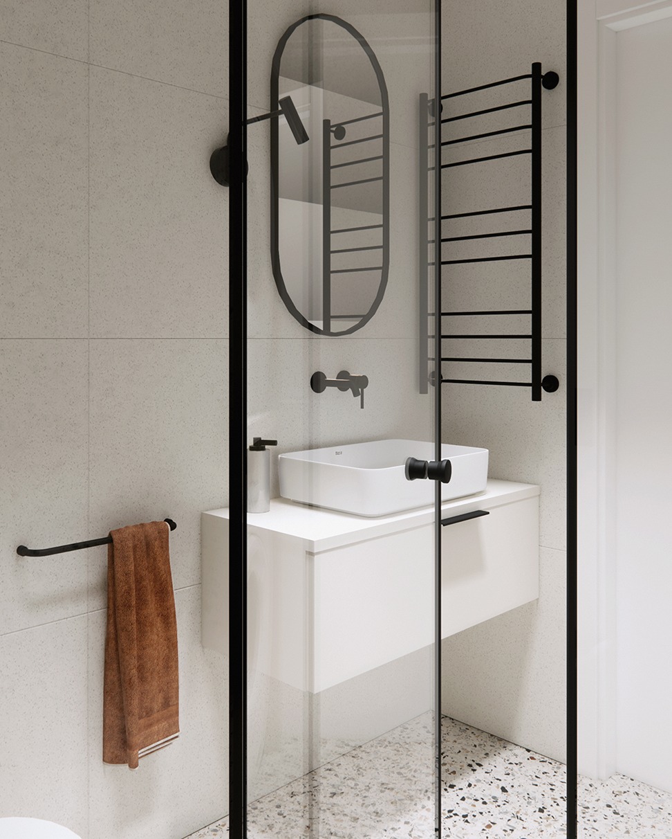 Nowoczesna łazienka z kabiną prysznicową typu walk-in, białą umywalką nablatową i czarnymi akcentami: rama kabiny, grzejnik drabinkowy, lustro i armatura. Minimalistyczny design.