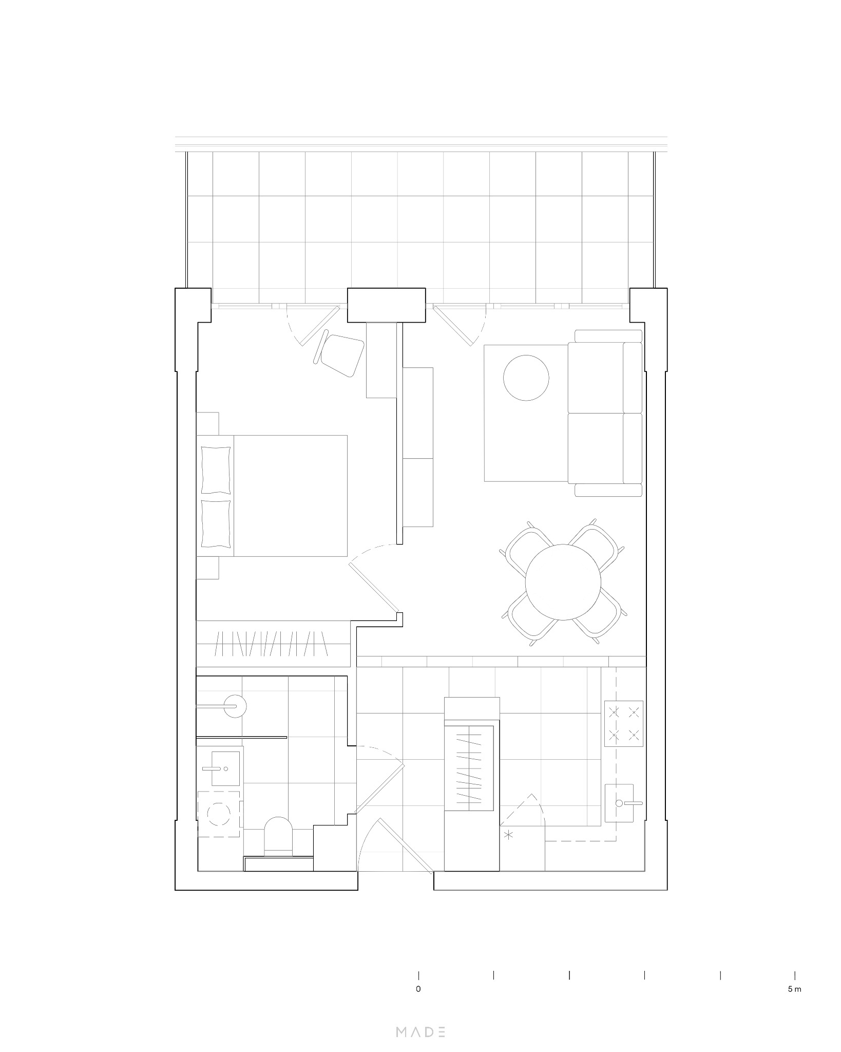 Rzut z góry mieszkania z zaznaczonymi meblami i wyposażeniem, przedstawiony w formie technicznego rysunku z podziałem na pomieszczenia i metraż.