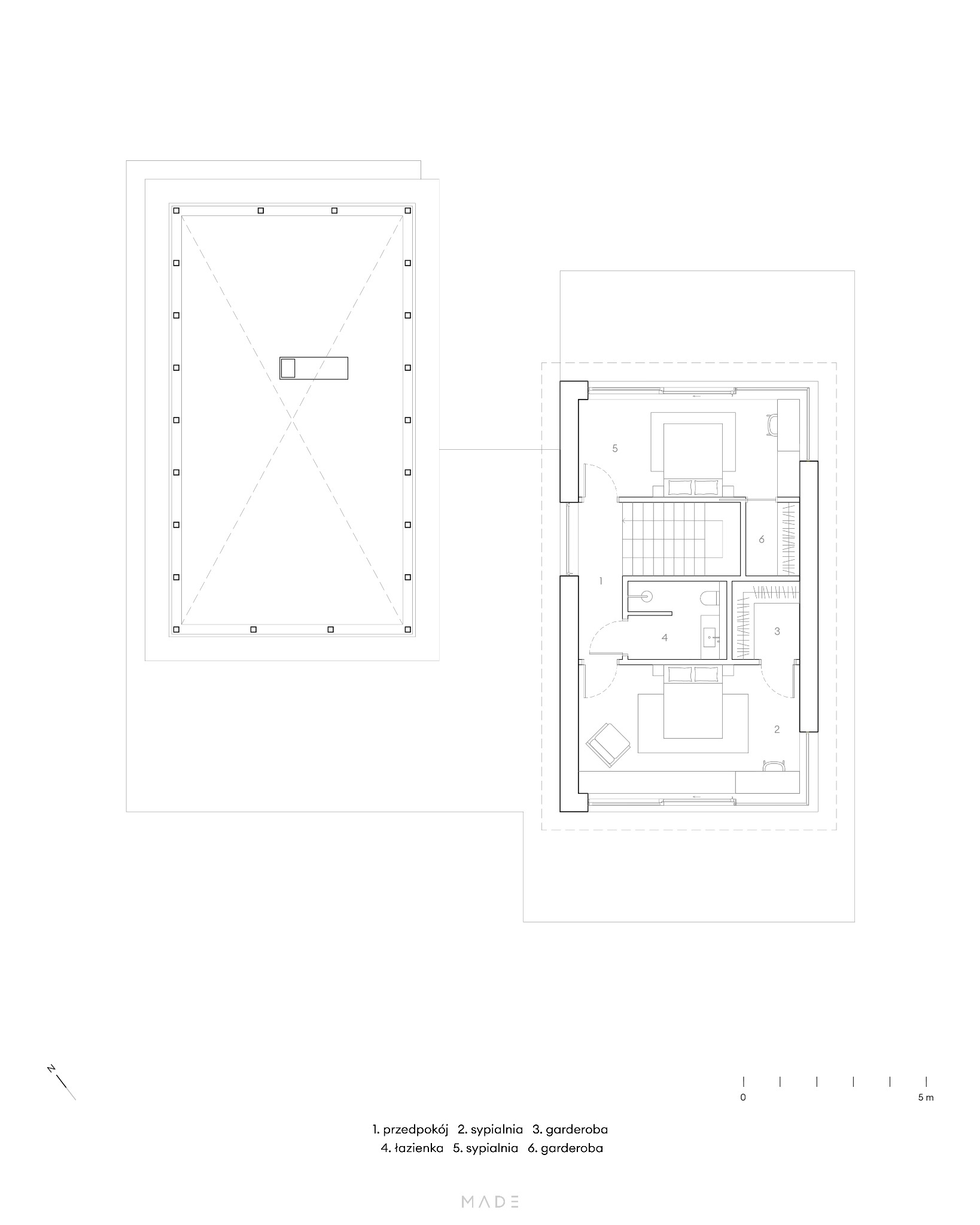 Rzut poziomy domu z poddaszem: parter z salonem, łazienką i sypialnią, poddasze z sypialnią. Czytelny plan architektoniczny z opisem pomieszczeń i skalą.