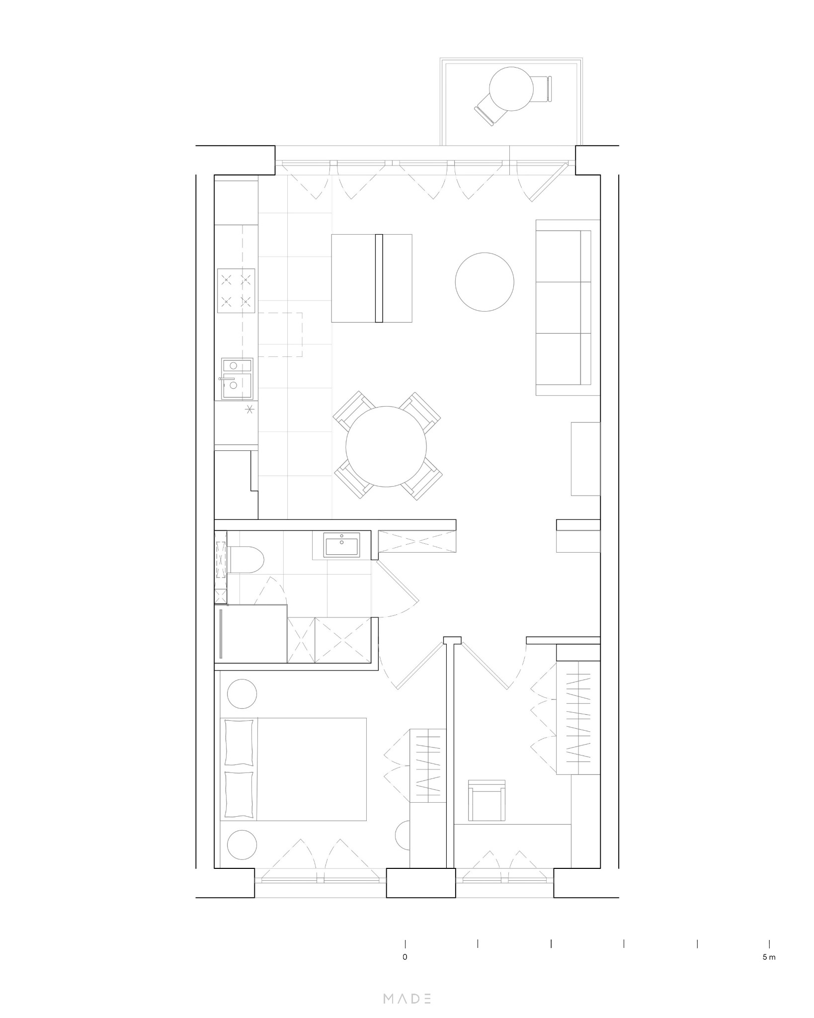 Rzut z góry mieszkania z zaznaczonym wyposażeniem: kuchnia, łazienka, sypialnia, salon z balkonem. Minimalistyczny, biały plan mieszkania z meblami.