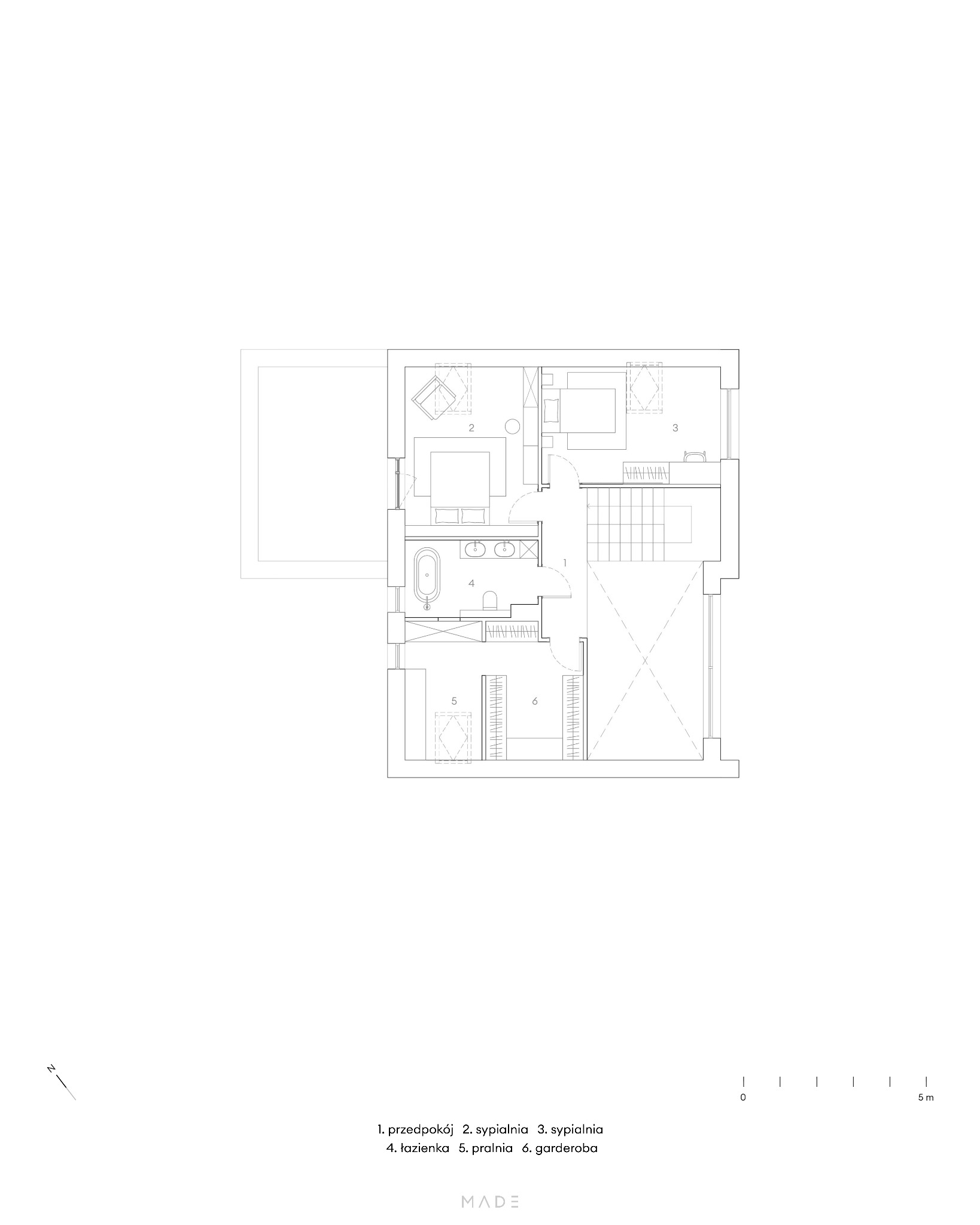 Rzut z góry na plan architektoniczny mieszkania z sypialniami, łazienką, pralnią i garderobą, oznaczony numerami. Minimalistyczny styl, białe tło, precyzyjne linie.