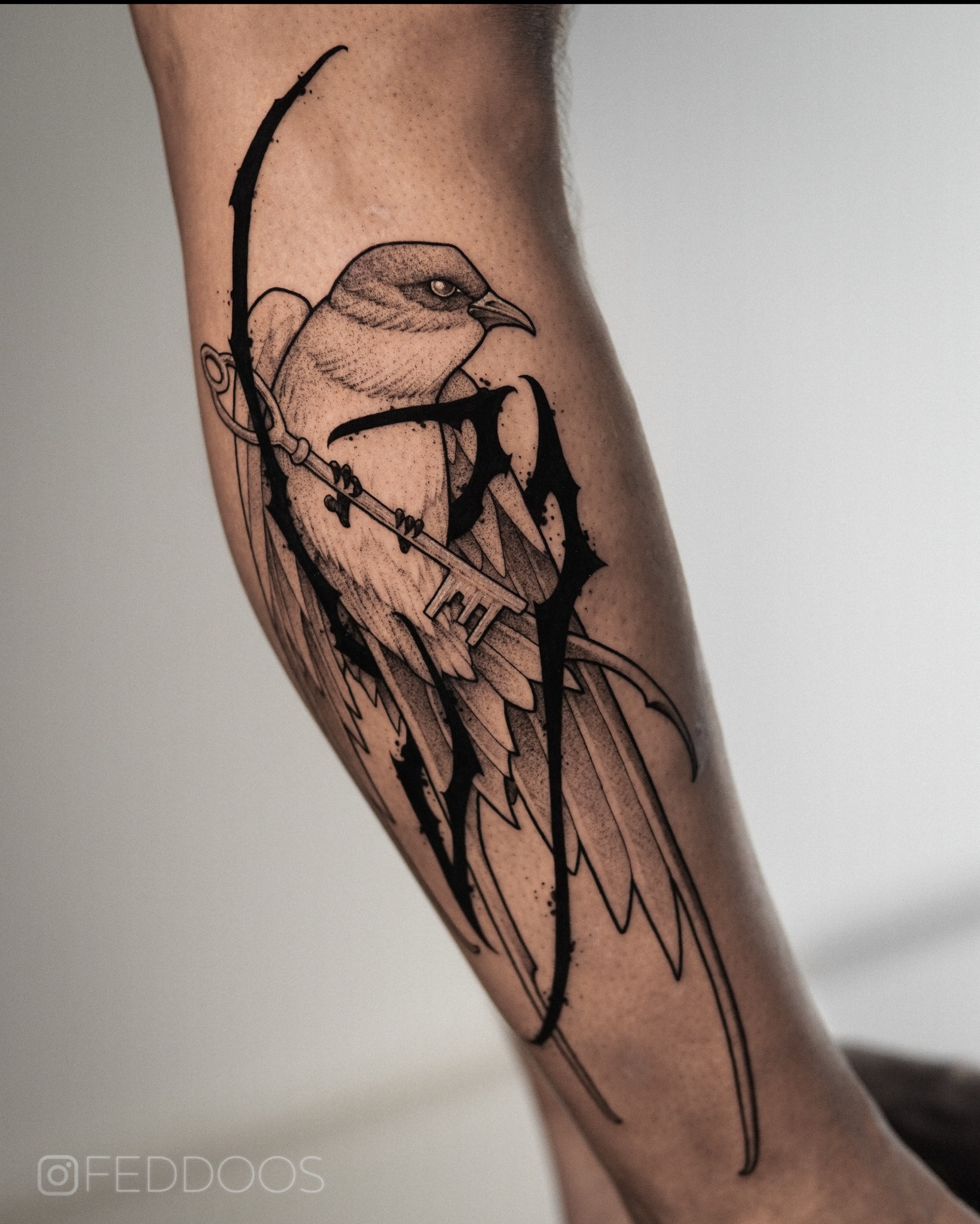 Czarno-biały tatuaż na łydce przedstawiający ptaka trzymającego klucz, wykonany w stylu graficznym z dbałością o detale i cieniowanie. Widoczne logo wykonawcy.