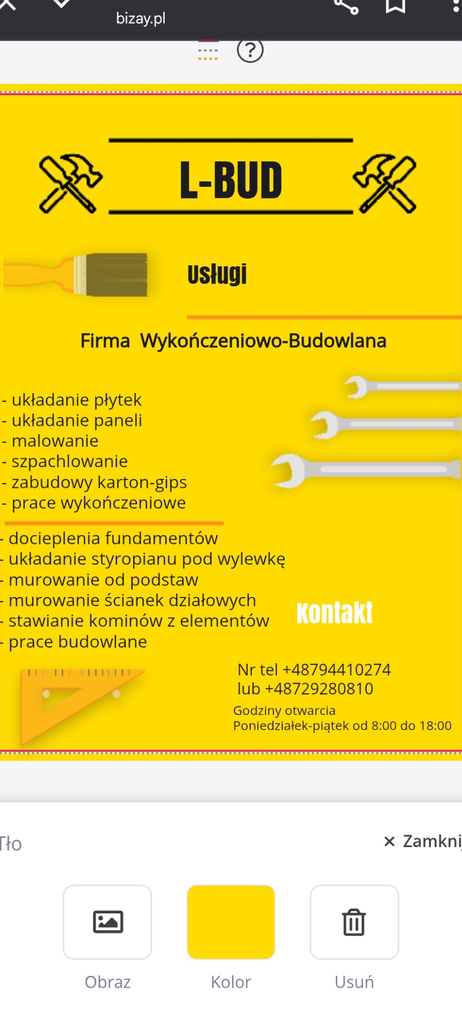 Żółty baner reklamowy firmy L-BUD z ikonami narzędzi, pędzla i listą usług wykończeniowo-budowlanych, numerami telefonów i godzinami otwarcia. Grafika w stylu flat design.