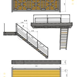 Stalowy podest z drewnianym wykończeniem.