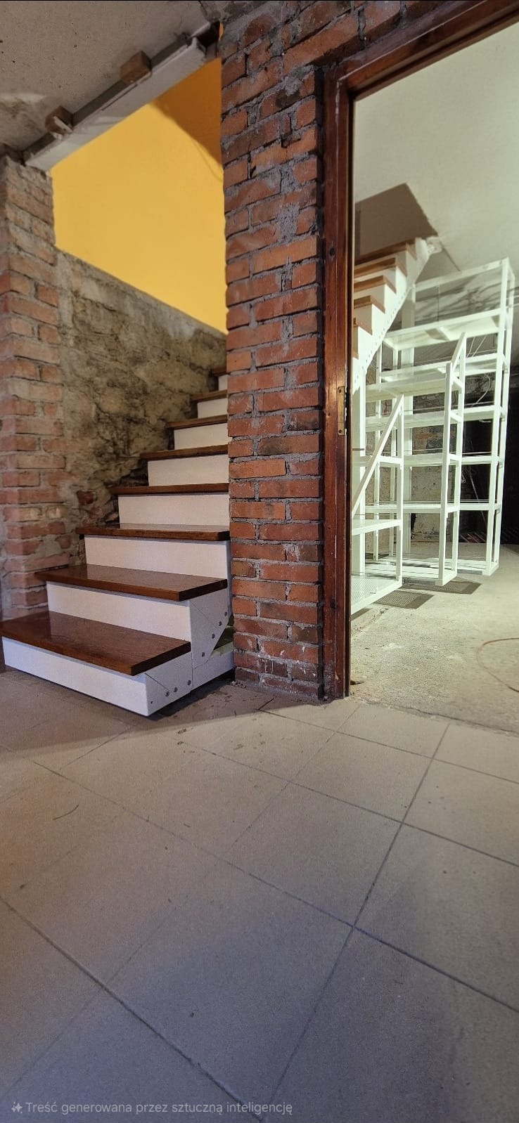 Metalowa konstrukcja schodów z szafkami wysuwanymi na prowadnicach.