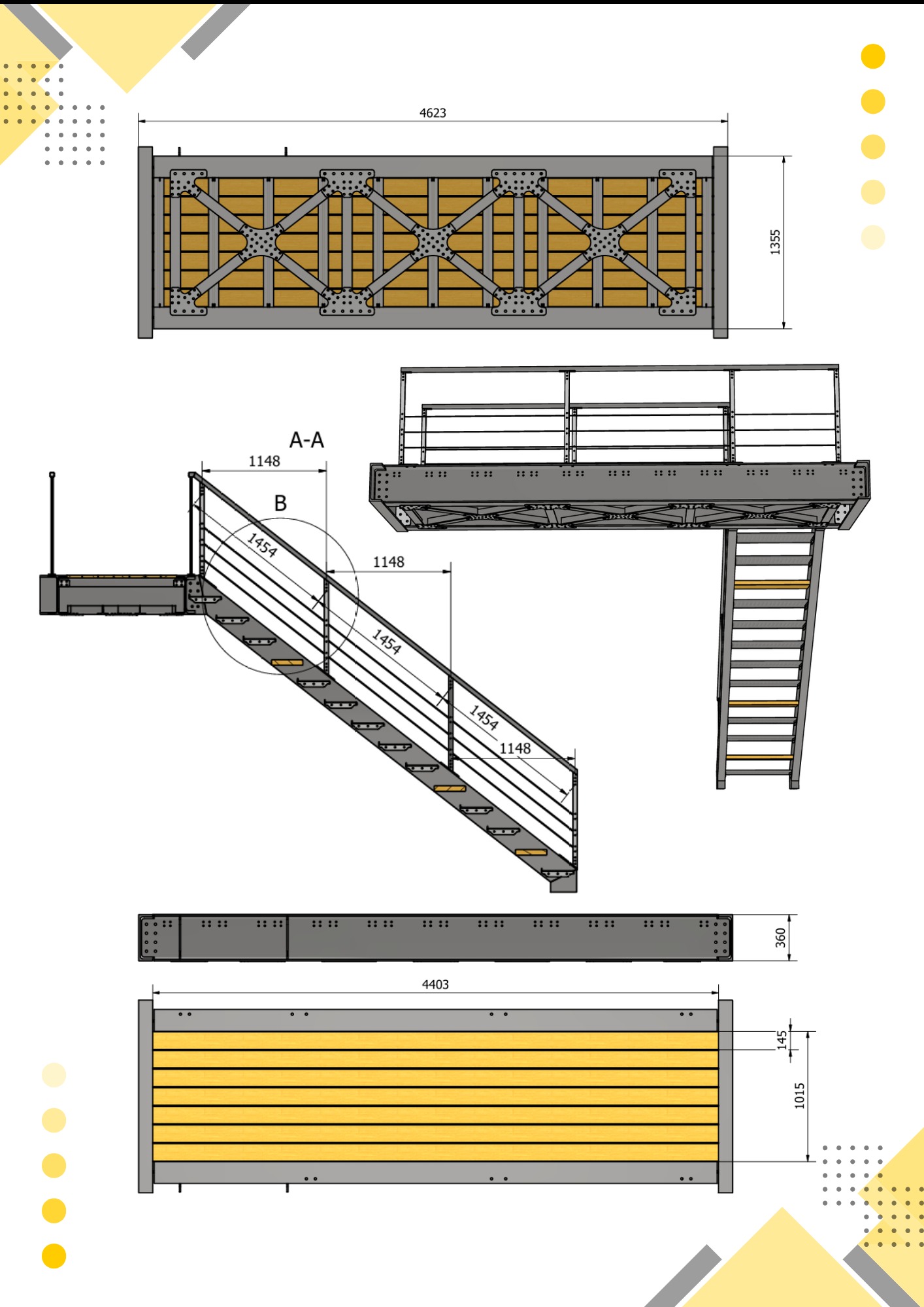 Stalowy podest z drewnianym wykończeniem.