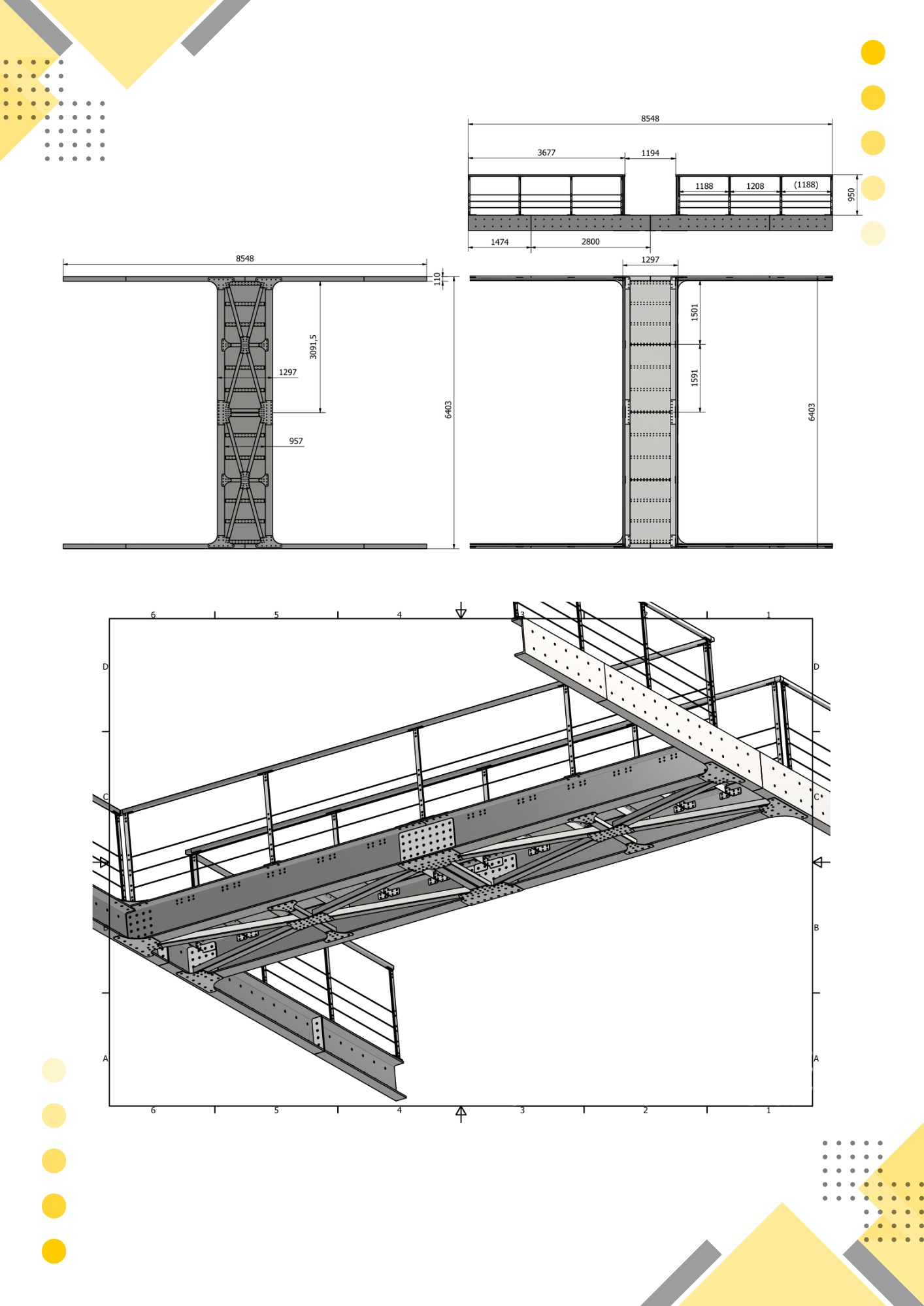 Techniczny rysunek 3D stalowej konstrukcji z balustradą, zawierający wymiary i detale połączeń nitowanych, prezentowany na białym tle z żółto-szarymi elementami graficznymi.