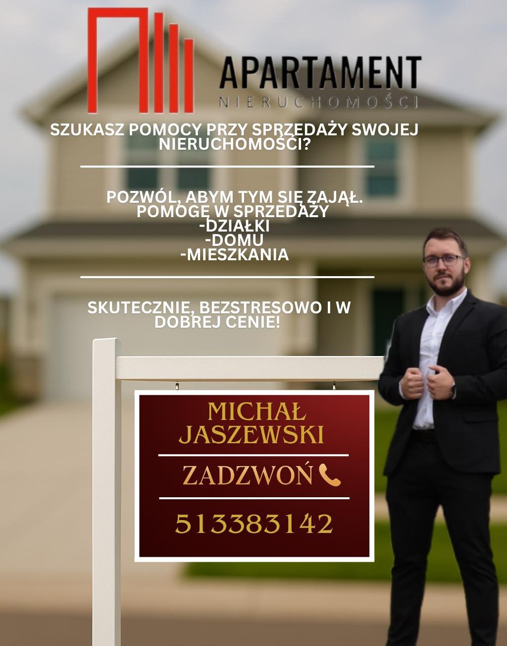 Ogłoszenie agencji nieruchomości Apartament z agentem Michałem Jaszewskim, oferującej pomoc w sprzedaży działek, domów i mieszkań. Kontakt: 513383142.