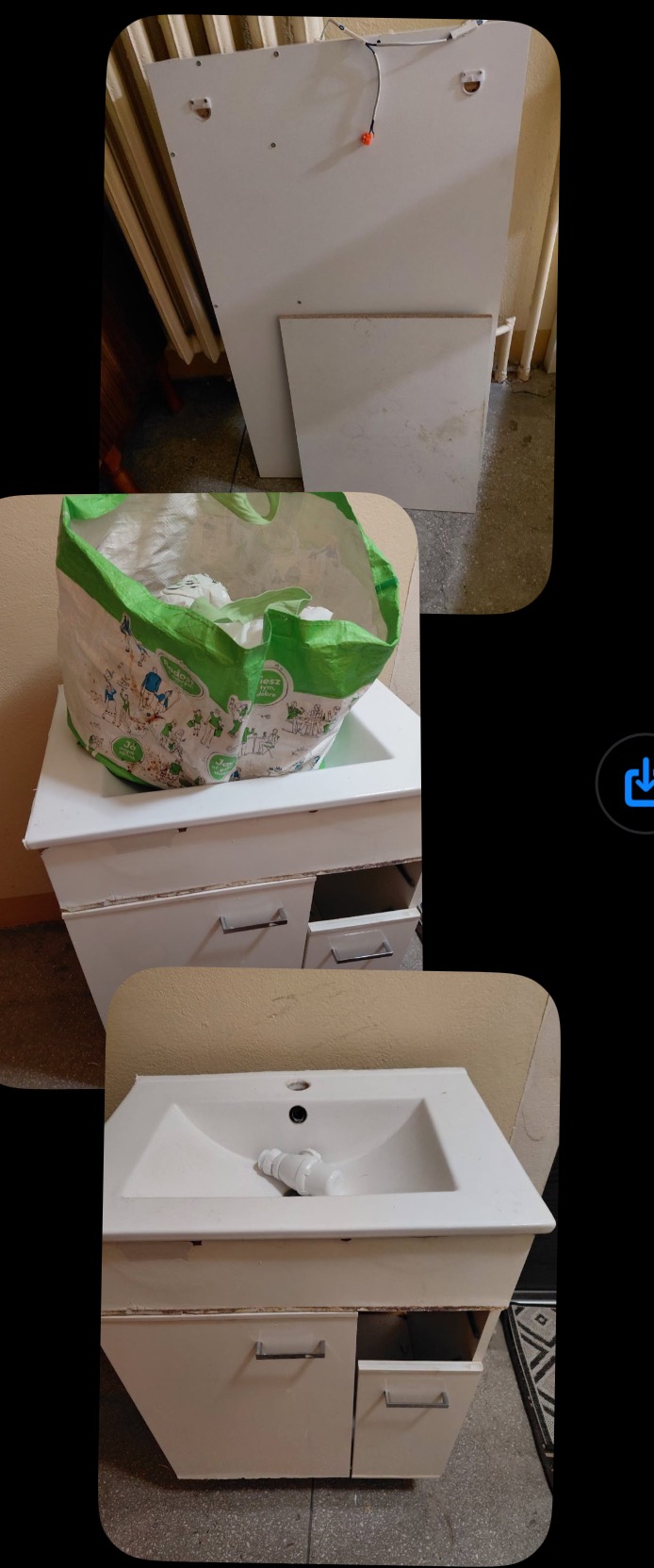 Opróżniona szafka łazienkowa z umywalką, obok torba z odpadami i elementy demontażu. Widoczne ślady użytkowania i demontażu.