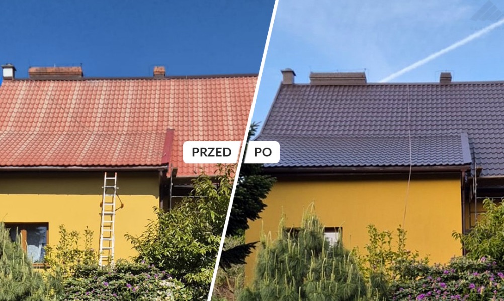 Porównanie dachu przed i po renowacji: po lewej stronie dach z czerwonej dachówki, po prawej odnowiony, ciemnoszary dach na tle żółtej elewacji budynku.