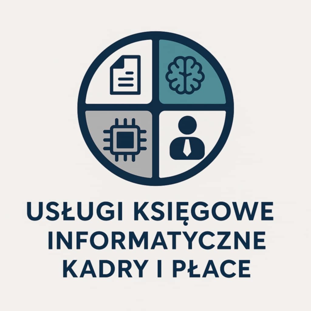 Usługi księgowe, informatyczne, kadry i płace: ikony dokumentu, mózgu, procesora i osoby z krawatem w okręgu na kremowym tle.