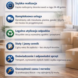 TwojaPrzestrzeń - Grafika reklamowa firmy oferującej kompleksowe opróżnianie mieszkań, piwnic, garaży i strychów, z legalną utylizacją odpadów i jasnym cennikiem.