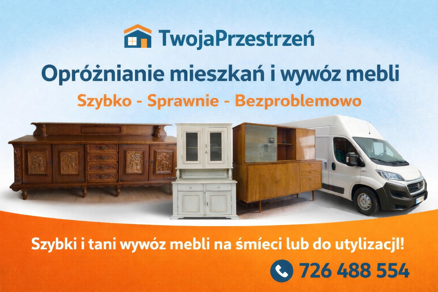 Opróżnianie mieszkań: Antyczne i nowoczesne meble ustawione obok białej furgonetki. Szybki wywóz mebli na śmieci lub do utylizacji. Numer telefonu.