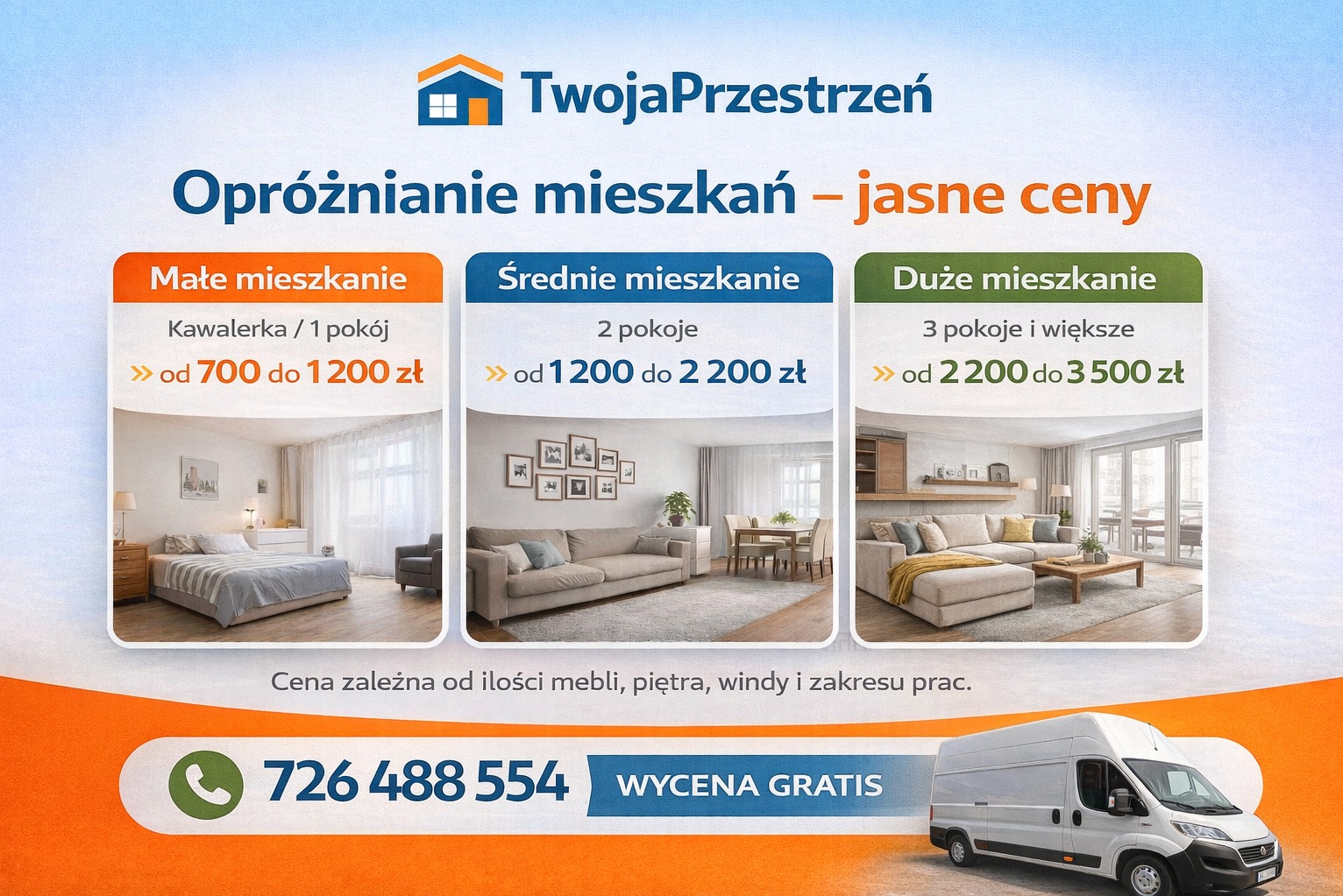 Grafika reklamowa: Opróżnianie mieszkań z podziałem na metraż i ceny. Widoczne przykładowe aranżacje wnętrz i furgonetka. Numer telefonu i hasło: wycena gratis.