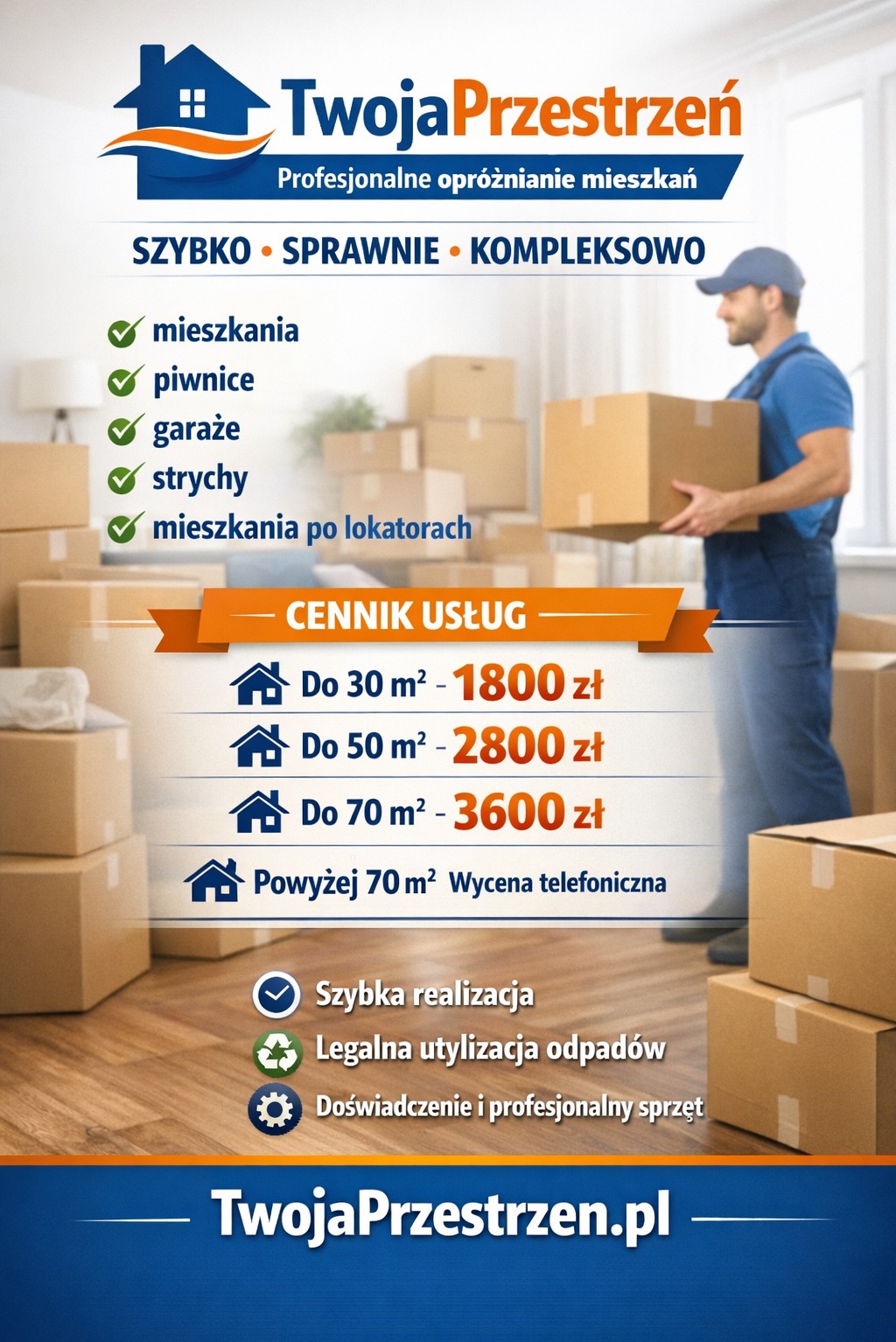 Opróżnianie mieszkań: pracownik w uniformie niesie karton na tle stosu pudeł. Cennik usług, szybka realizacja, legalna utylizacja odpadów, doświadczenie i sprzęt.