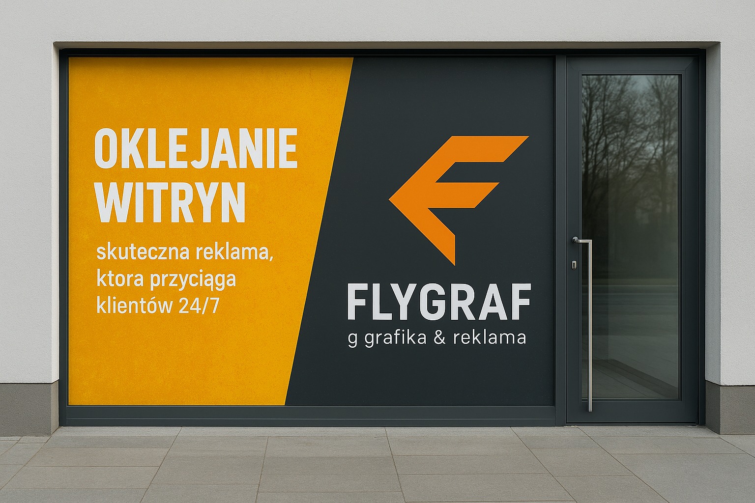 Oklejona witryna firmy FLYGRAF z pomarańczowym logo i hasłem 'skuteczna reklama, która przyciąga klientów 24/7' na żółto-szarym tle, widoczna z zewnątrz.