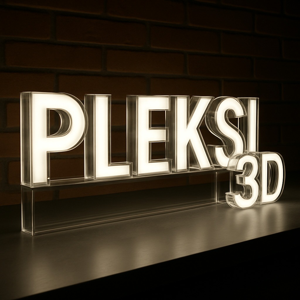 Podświetlany napis 3D z pleksi na tle ceglanej ściany. Litery tworzą słowo 'PLEKSI 3D'. Nowoczesny design, ciepłe oświetlenie, wyraźna perspektywa.