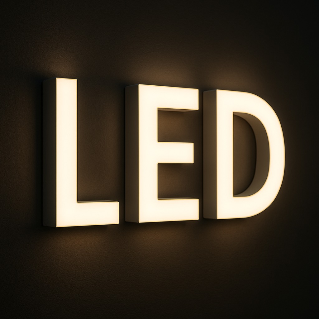 Podświetlany napis LED z białych liter 3D na ciemnym tle. Efektowne oświetlenie tworzy ciepłą aurę. Minimalistyczny design, nowoczesny wygląd.