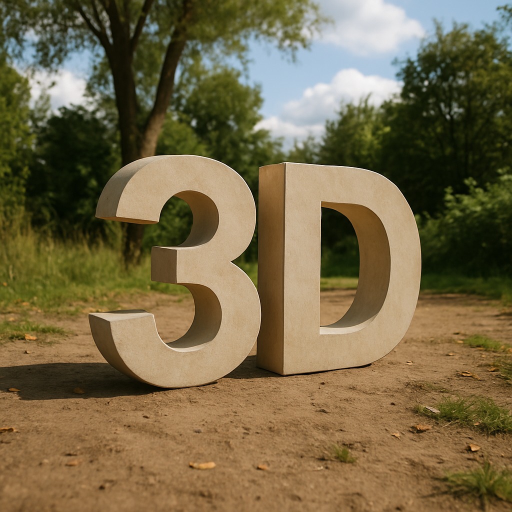 Beżowe, trójwymiarowe litery '3D' na ziemistej ścieżce, z zielonym tłem drzew i błękitnym niebem z chmurami. Wyjątkowa perspektywa i naturalne oświetlenie.