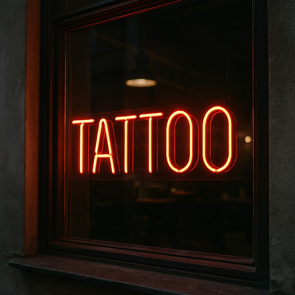 Neonowy szyld 'TATTOO' w oknie, ciepłe czerwone światło, ciemne tło z odbiciami, minimalistyczny design, widok z zewnątrz, wieczorny klimat.