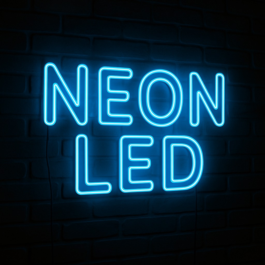 Błękitny neon LED na tle ciemnej ściany z cegieł. Kontrastowe oświetlenie podkreśla nowoczesny design napisu. Widoczne przewody zasilające.